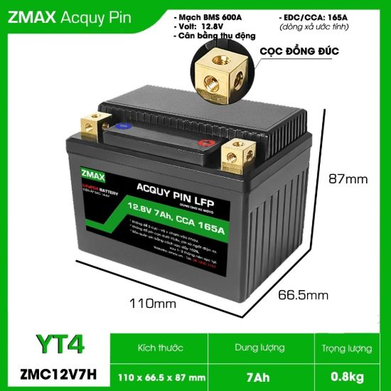 Ảnh của Bình Acquy Pin LFP (LiFePO4) 12V 7Ah, size YT4 Dùng cho xe máy - mô tô 150cc